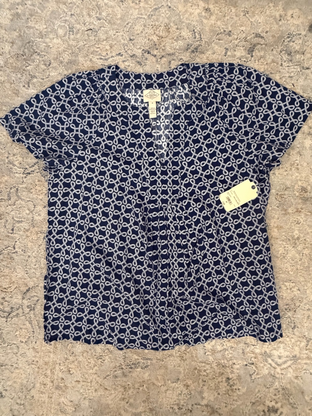 St. John's Bay Navy and White Patterned Short-Sleeve Blouse